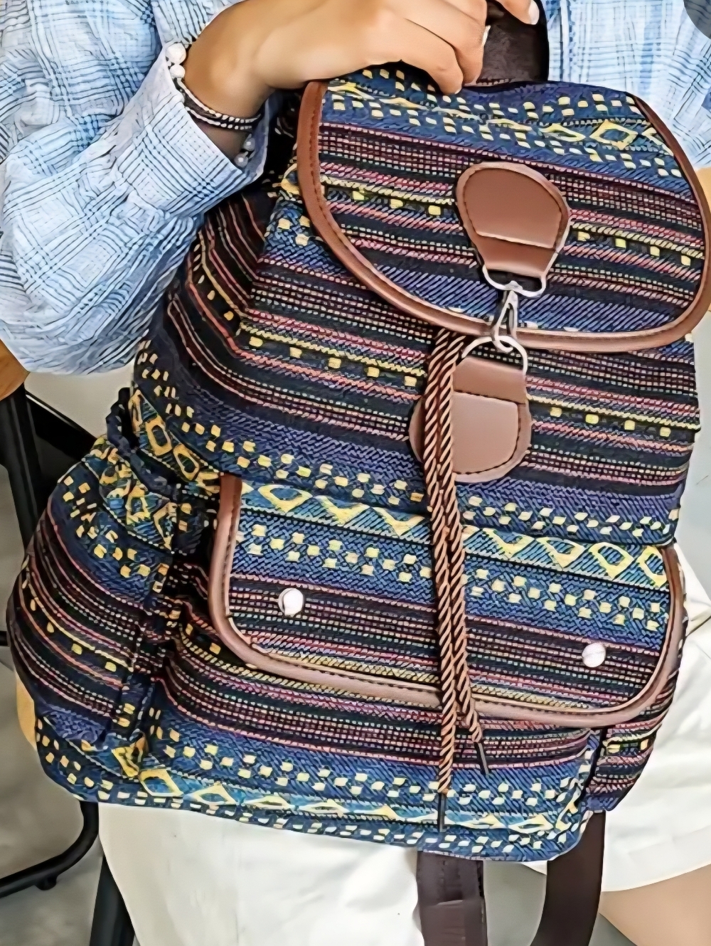 Ethnic Navy Blue Canvas Backpack with Brown Trim